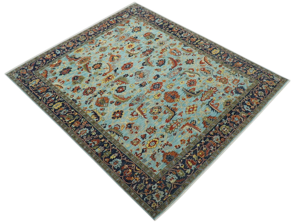 Traditional Turkish Knot Fine Blue And Rust Hand knotted Wool Area Rug.