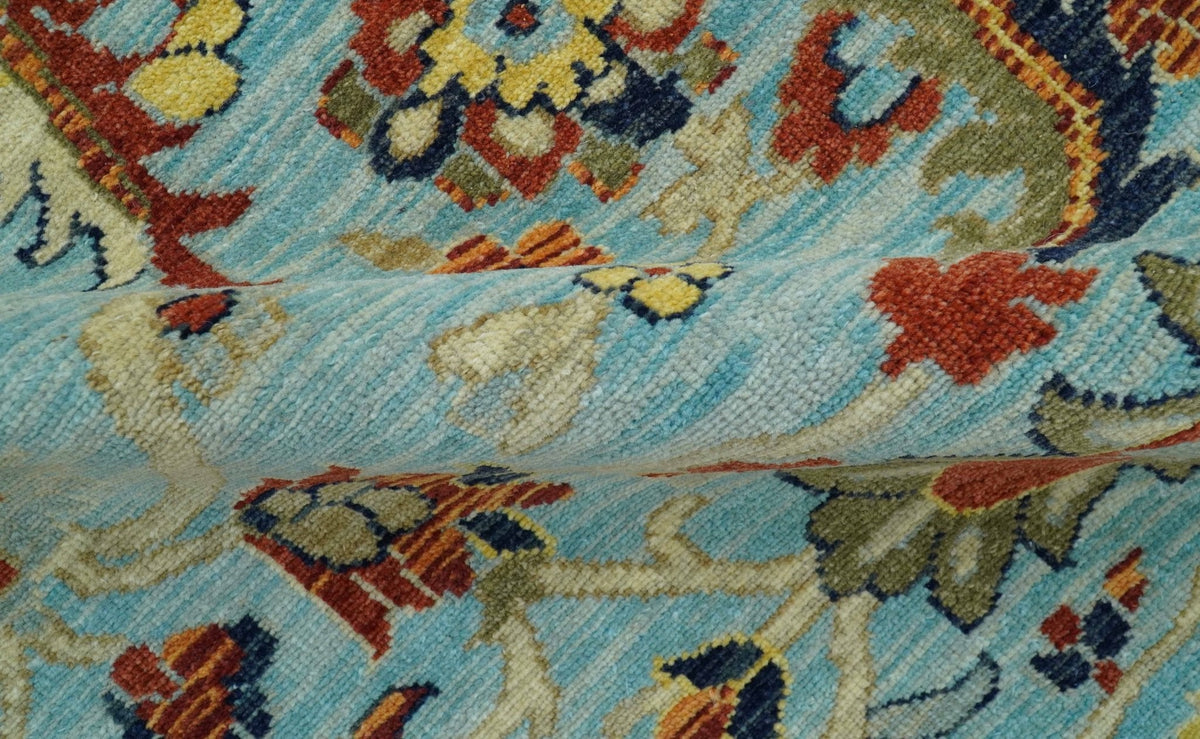Traditional Turkish Knot Fine Blue And Rust Hand knotted Wool Area Rug.