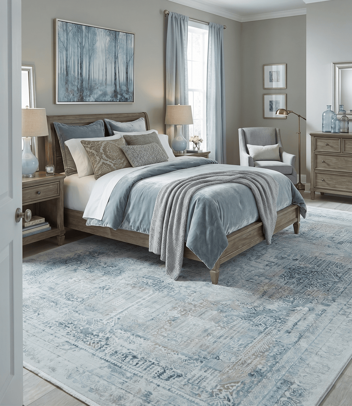 Transitional Blue and Ivory Antique Finish Art Silk Area Rug.