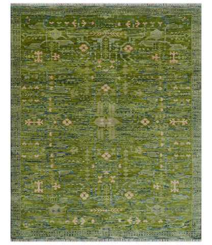 Transitional Design Green And Blue Hand Knotted Custom Made Wool Rug.