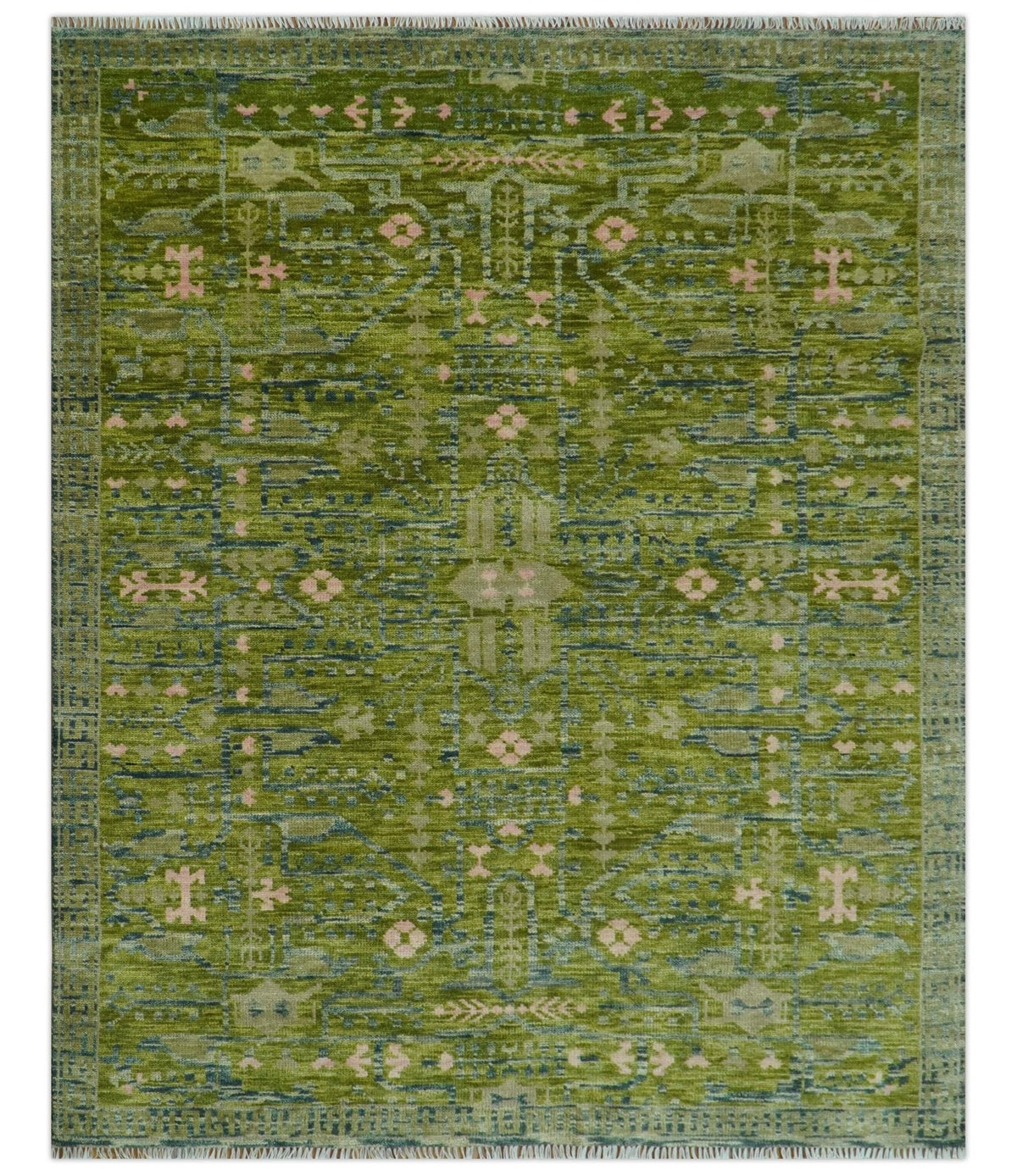 Transitional Design Green And Blue Hand Knotted Custom Made Wool Rug.
