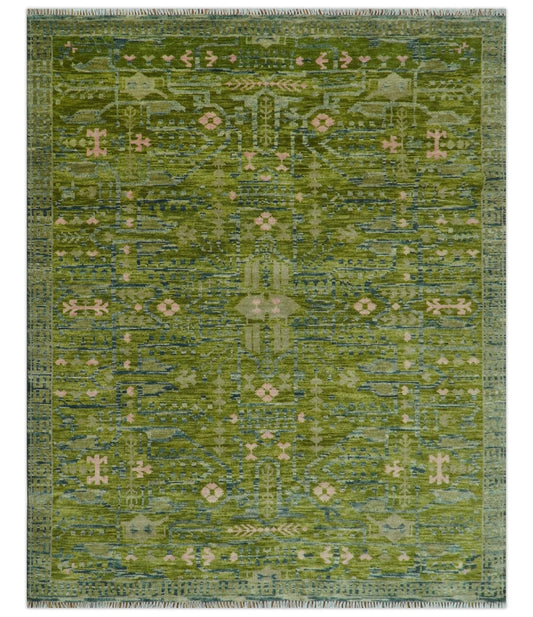 Transitional Design Green And Blue Hand Knotted Custom Made Wool Rug.