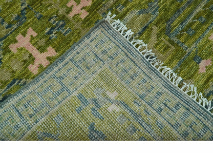 Transitional Design Green And Blue Hand Knotted Custom Made Wool Rug.