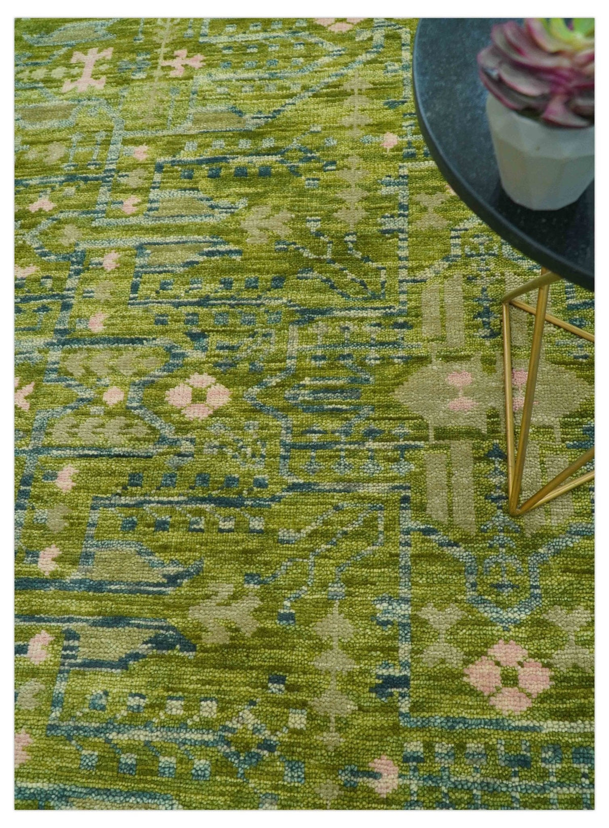 Transitional Design Green And Blue Hand Knotted Custom Made Wool Rug.