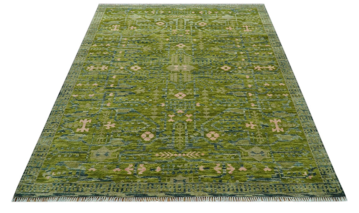 Transitional Design Green And Blue Hand Knotted Custom Made Wool Rug.