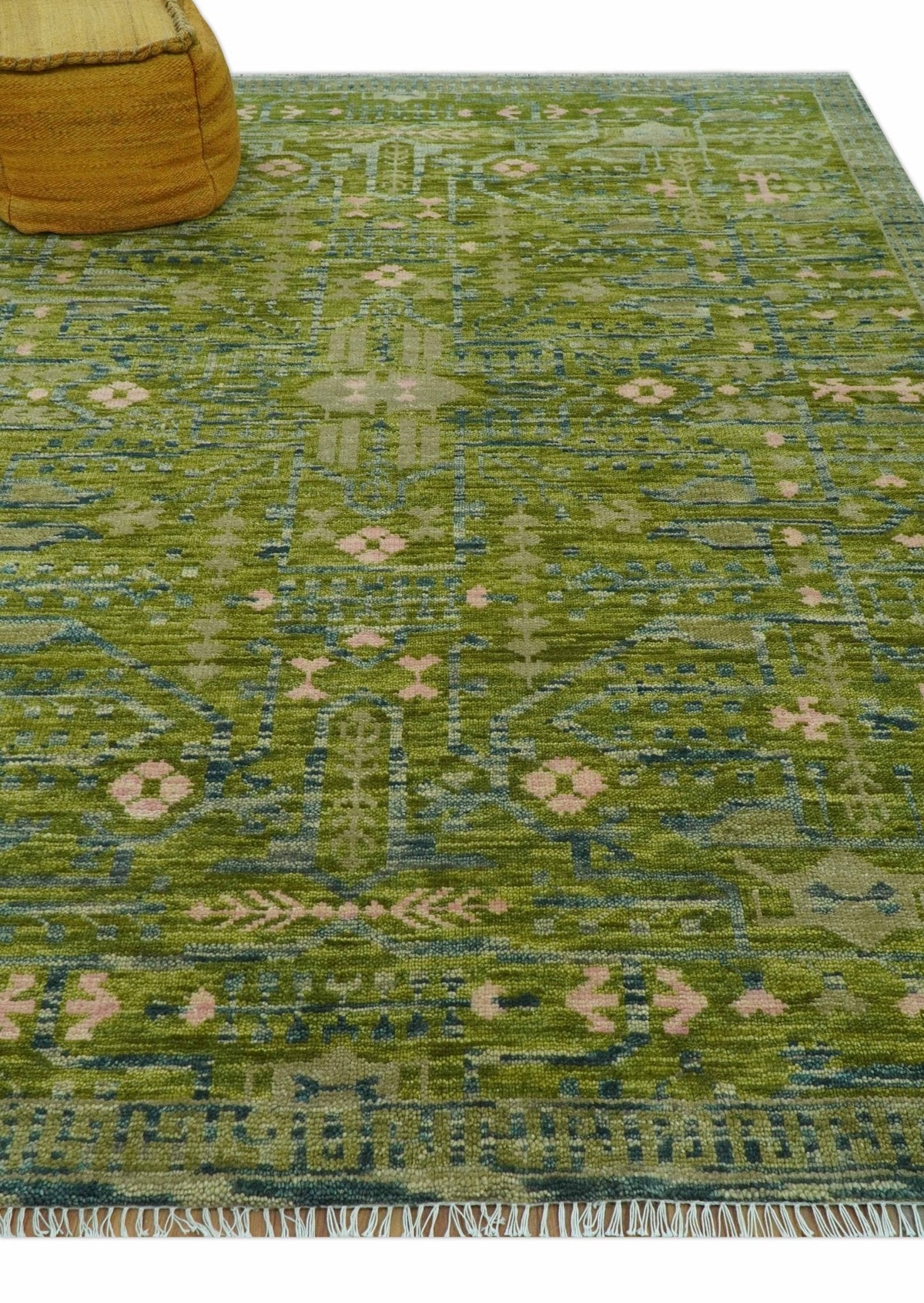Transitional Design Green And Blue Hand Knotted Custom Made Wool Rug.