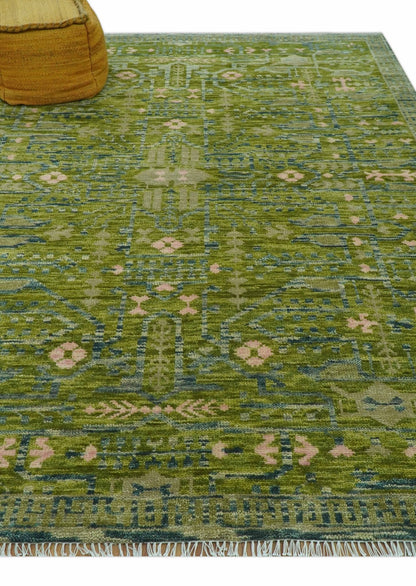 Transitional Design Green And Blue Hand Knotted Custom Made Wool Rug.