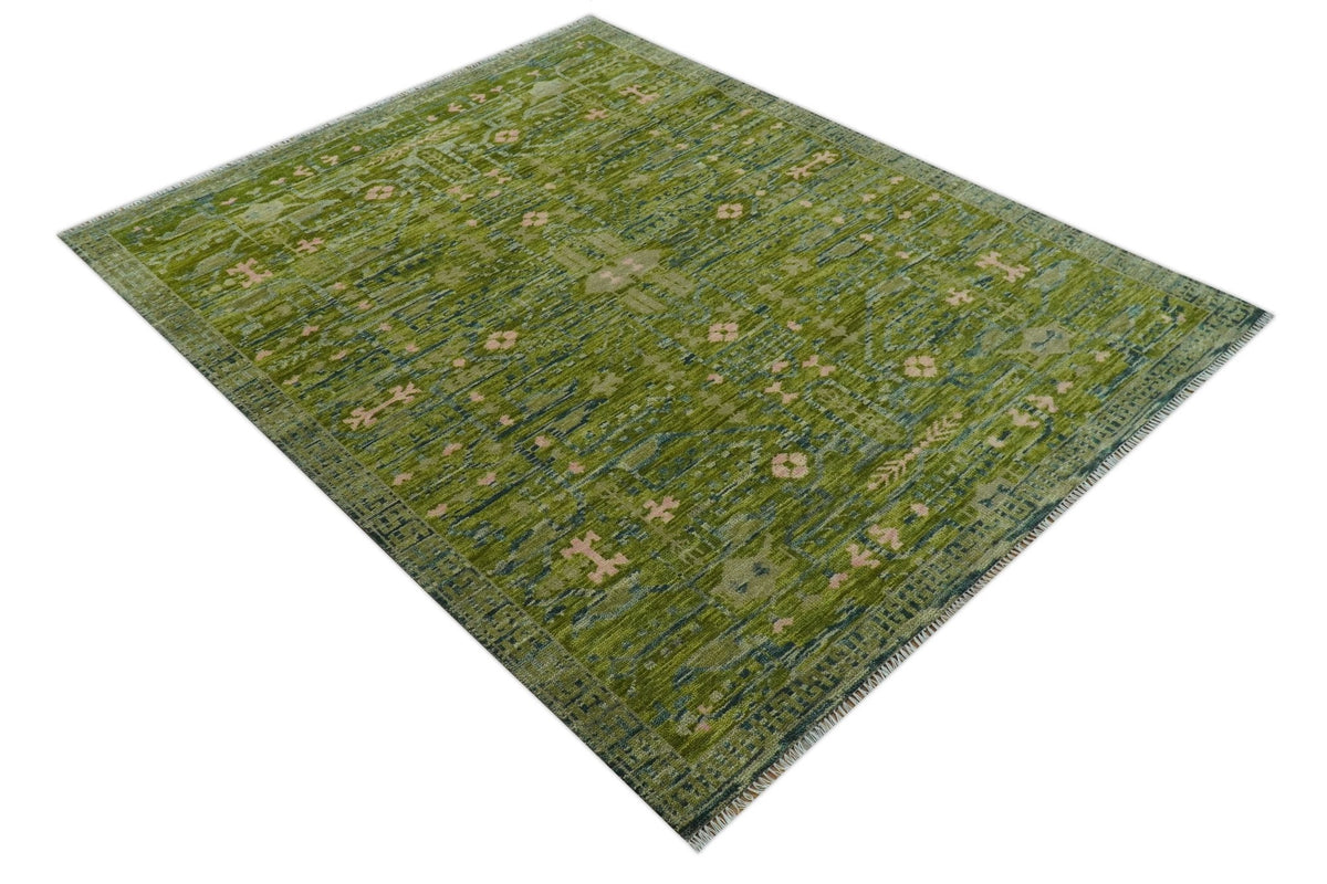 Transitional Design Green And Blue Hand Knotted Custom Made Wool Rug.