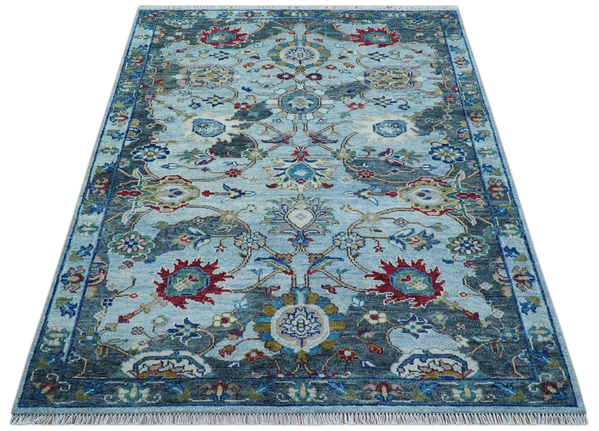 Transitional Oushak Design Red And Blue Hand Knotted Wool Rug.