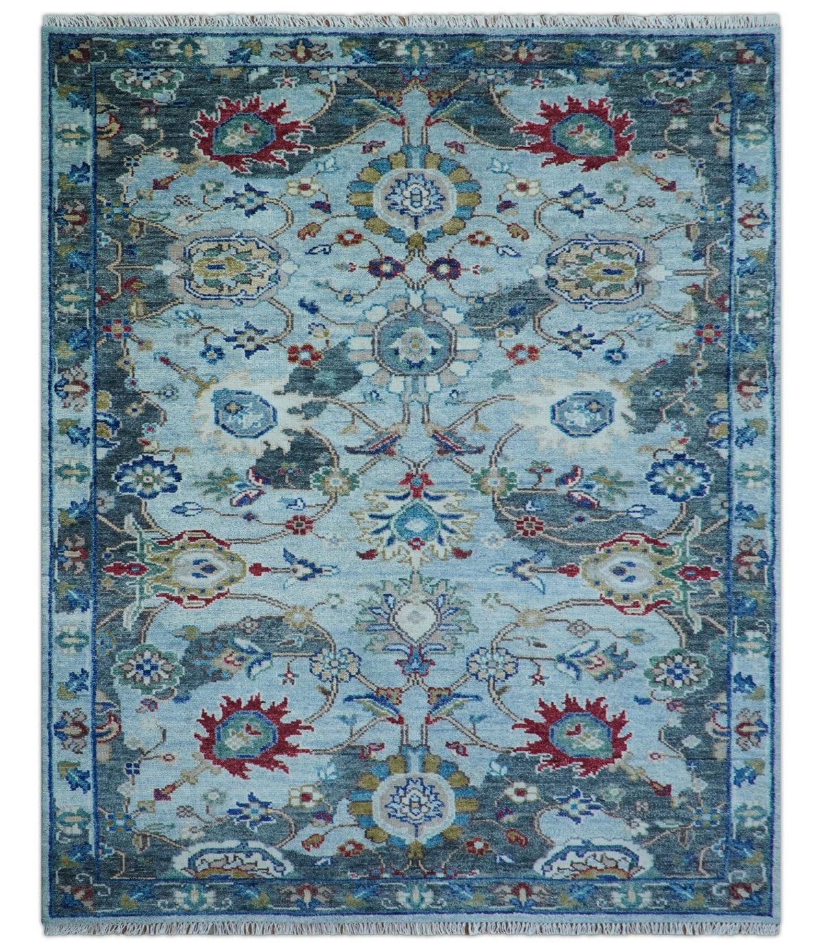 Transitional Oushak Design Red And Blue Hand Knotted Wool Rug.