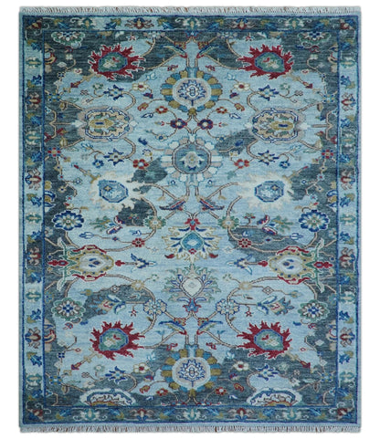 Transitional Oushak Design Red And Blue Hand Knotted Wool Rug.