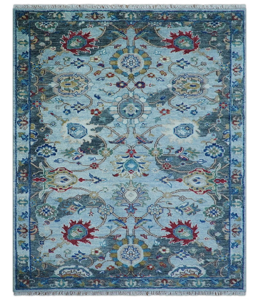 Transitional Oushak Design Red And Blue Hand Knotted Wool Rug.
