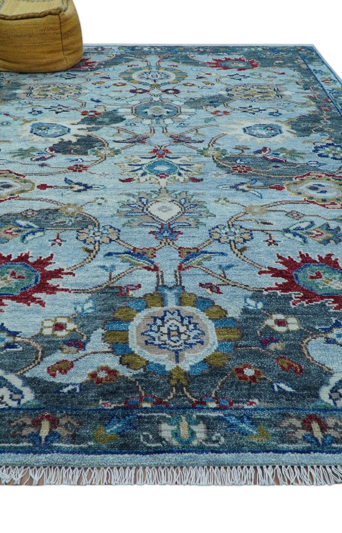 Transitional Oushak Design Red And Blue Hand Knotted Wool Rug.