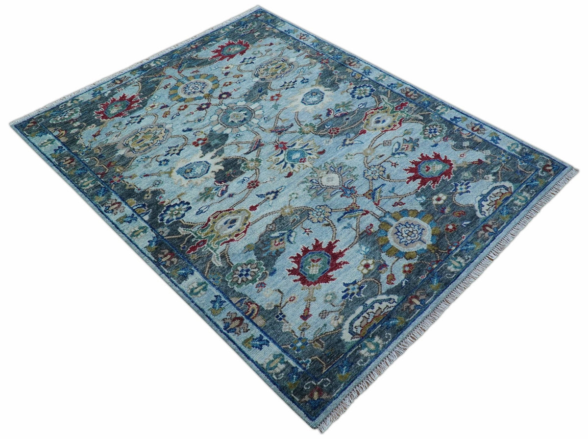 Transitional Oushak Design Red And Blue Hand Knotted Wool Rug.