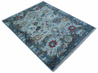 Transitional Oushak Design Red And Blue Hand Knotted Wool Rug.
