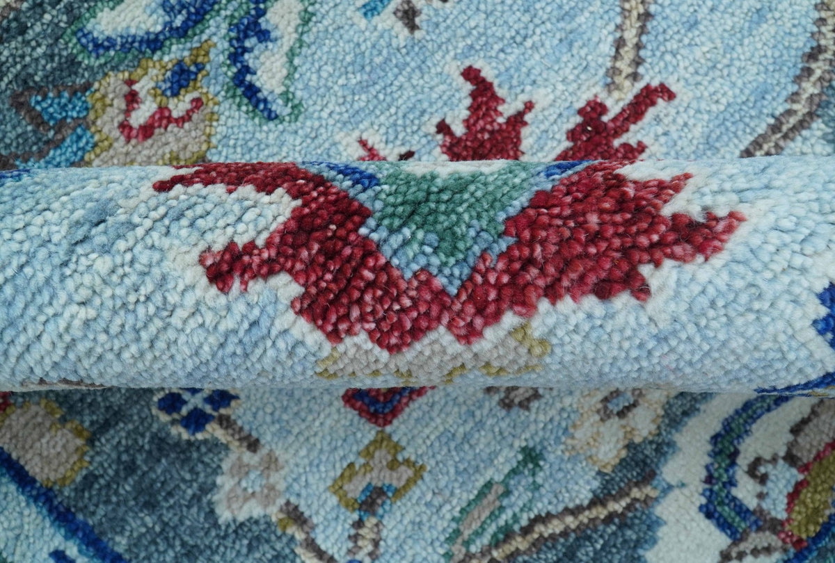 Transitional Oushak Design Red And Blue Hand Knotted Wool Rug.