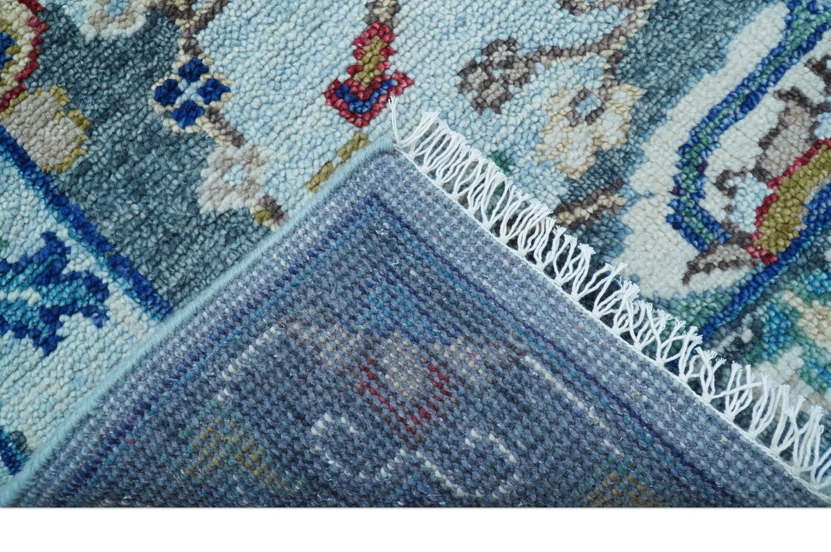 Transitional Oushak Design Red And Blue Hand Knotted Wool Rug.