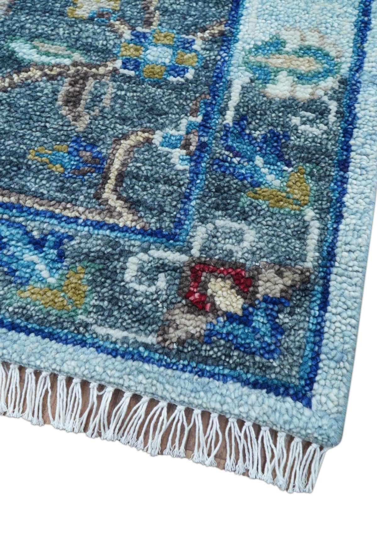 Transitional Oushak Design Red And Blue Hand Knotted Wool Rug.