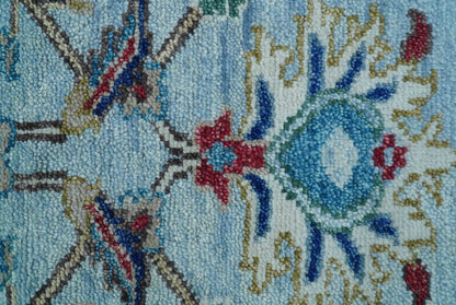 Transitional Oushak Design Red And Blue Hand Knotted Wool Rug.