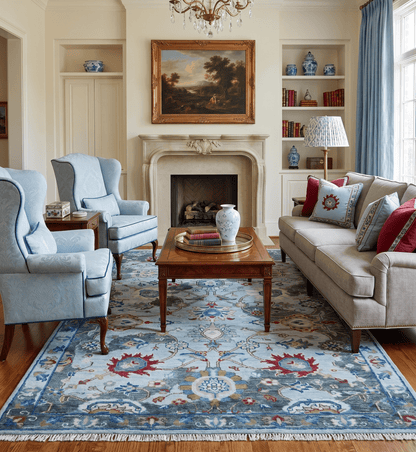 Transitional Oushak Design Red And Blue Hand Knotted Wool Rug.