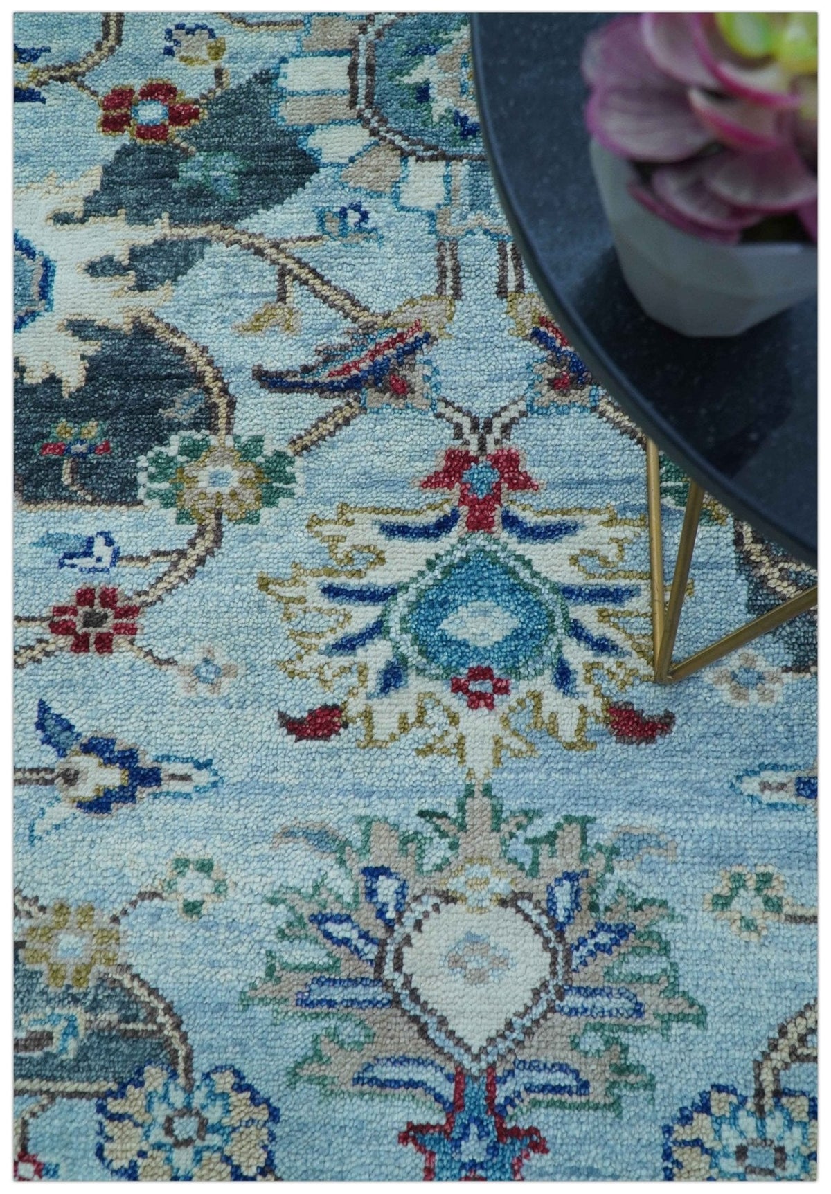 Transitional Oushak Design Red And Blue Hand Knotted Wool Rug.