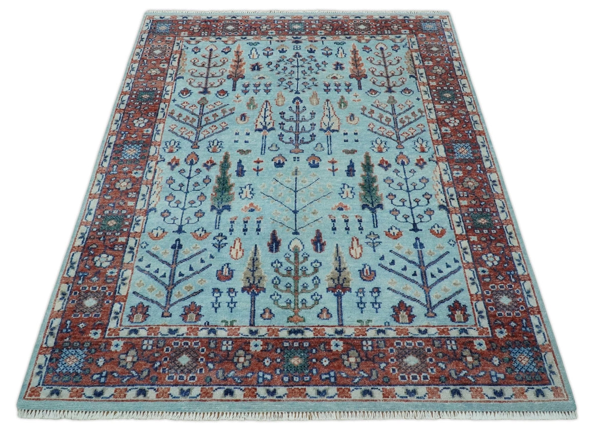 Tree of Life Hand Knotted Blue and Rust Oushak Custom Made Wool Rug.