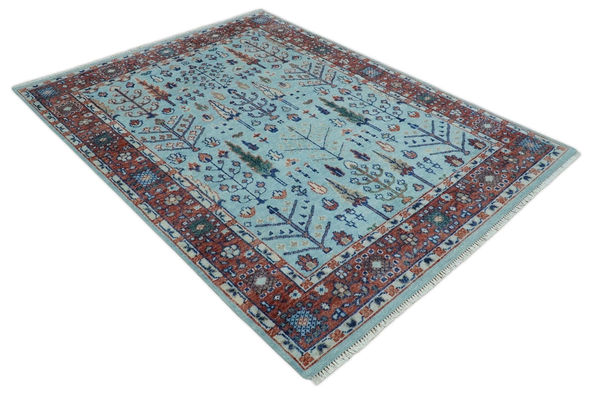 Tree of Life Hand Knotted Blue and Rust Oushak Custom Made Wool Rug.