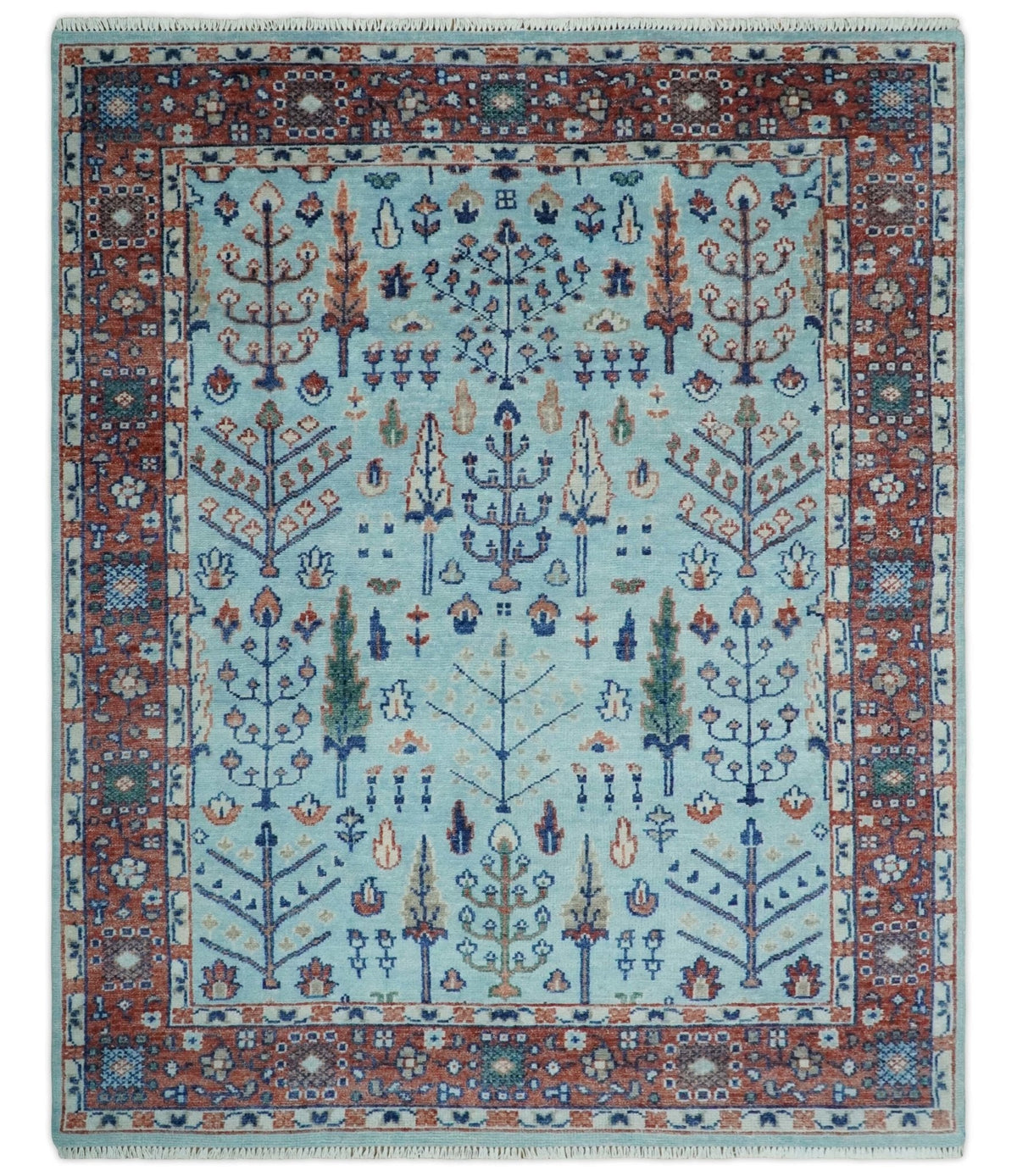 Tree of Life Hand Knotted Blue and Rust Oushak Custom Made Wool Rug.
