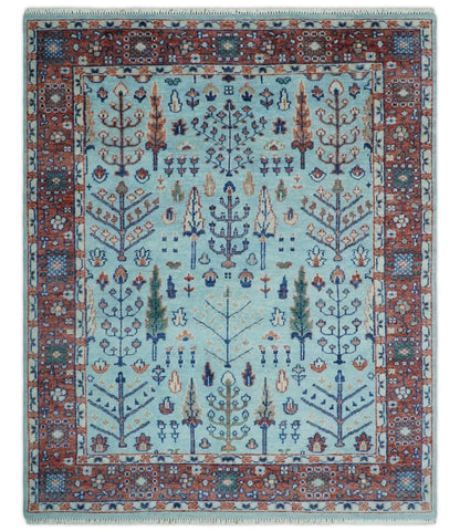 Tree of Life Hand Knotted Blue and Rust Oushak Custom Made Wool Rug.