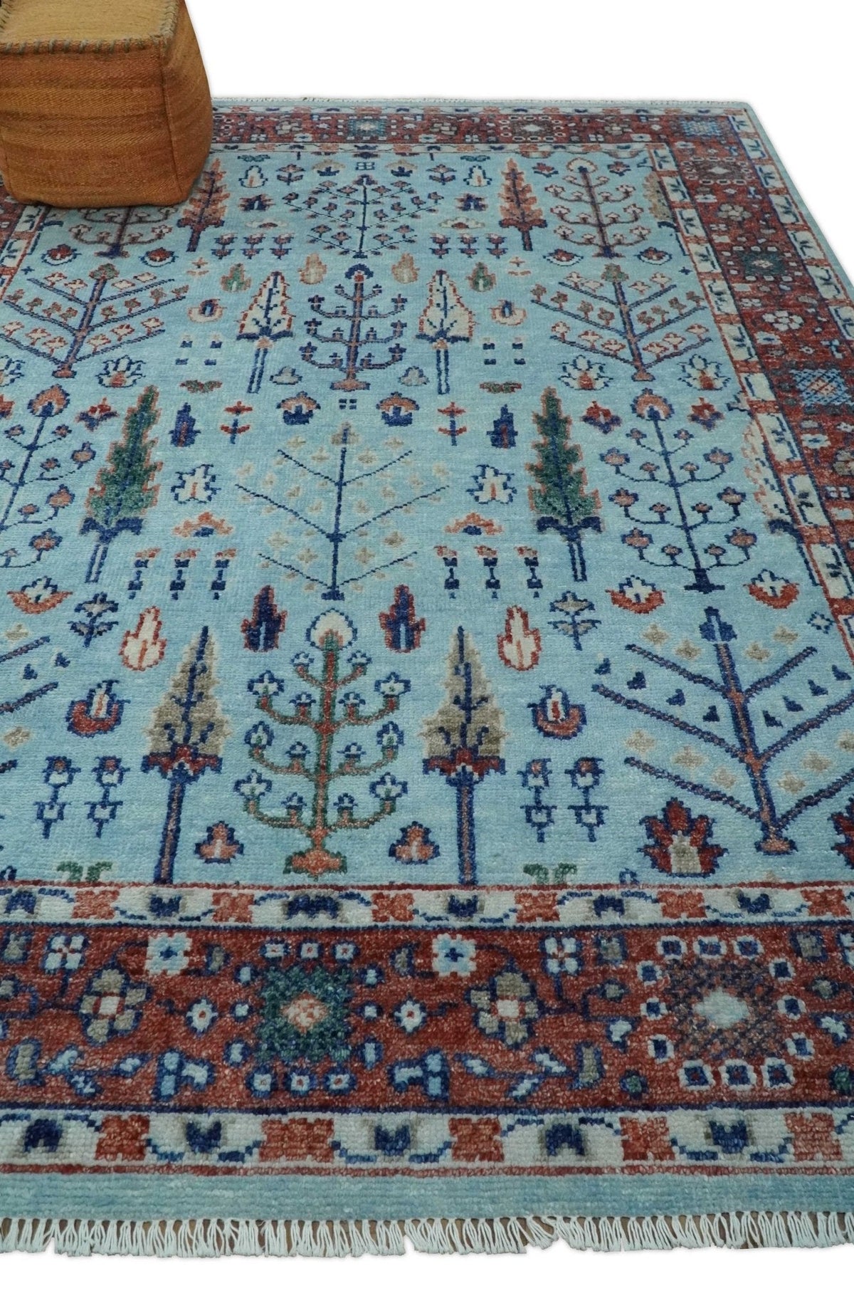Tree of Life Hand Knotted Blue and Rust Oushak Custom Made Wool Rug.
