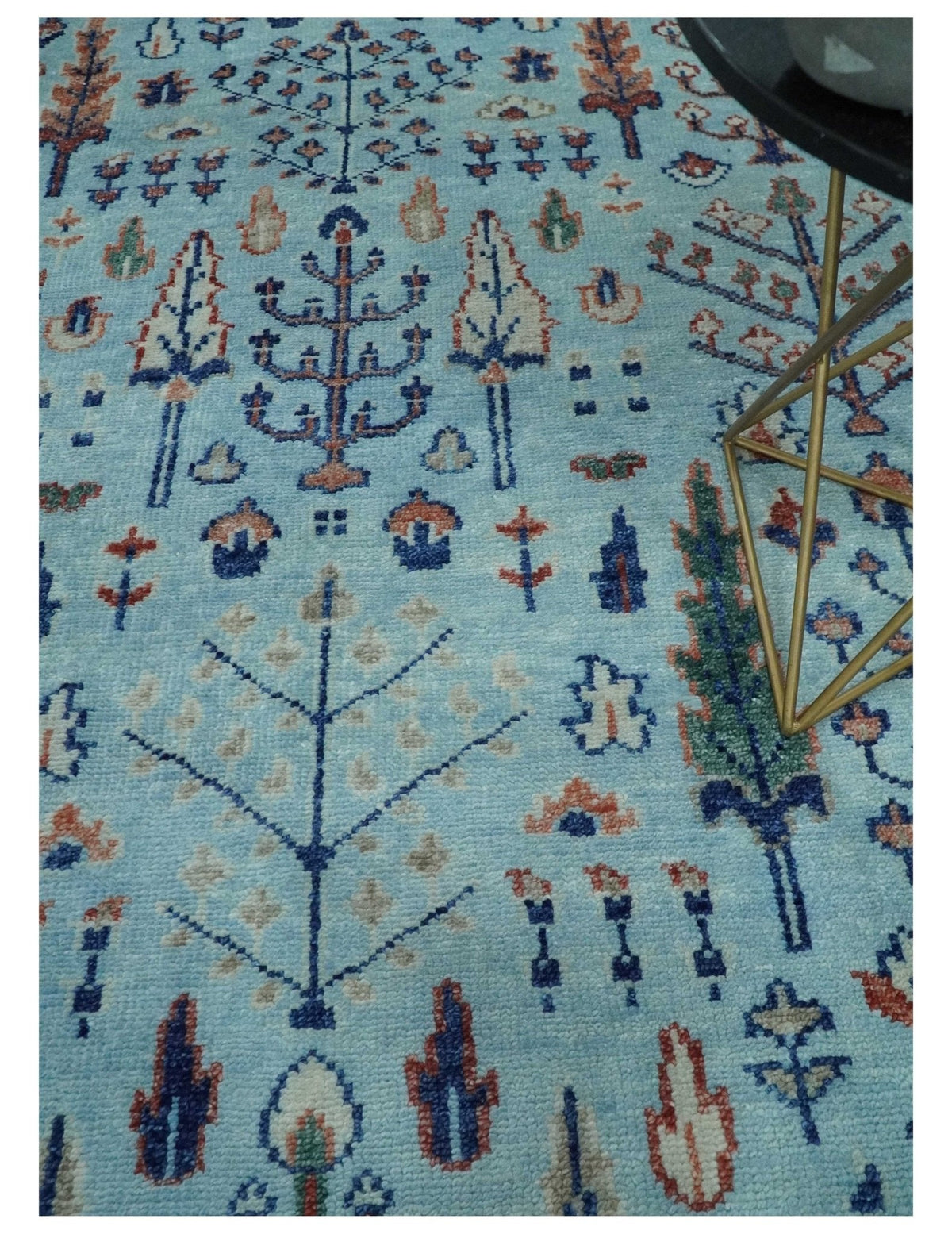 Tree of Life Hand Knotted Blue and Rust Oushak Custom Made Wool Rug.