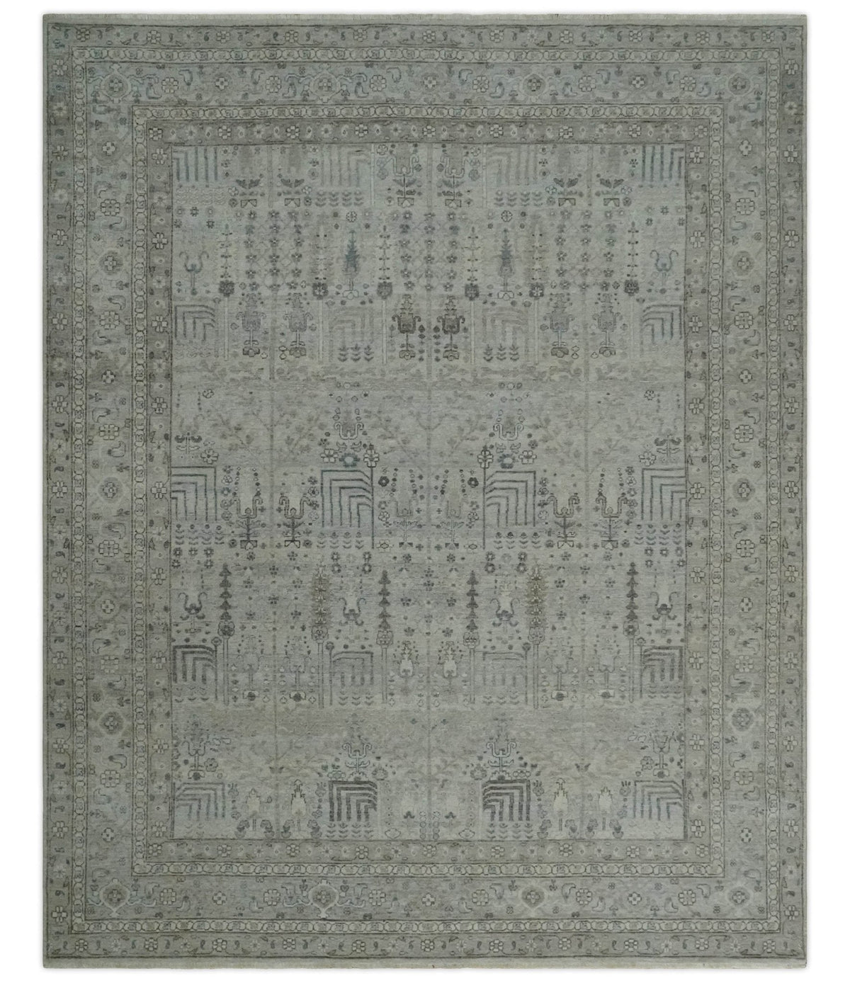Tree of life Antique Distressed Finished Gray and Silver Low Pile Multi Size wool Area Rug.