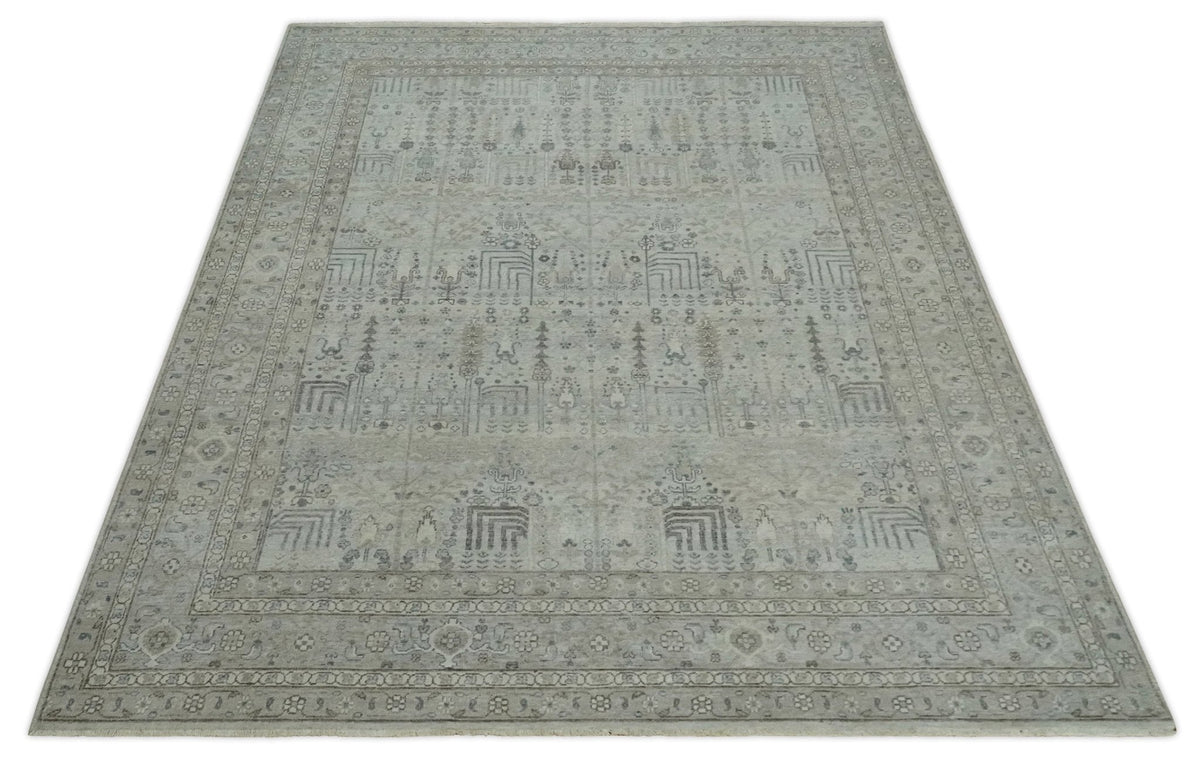 Tree of life Antique Distressed Finished Gray and Silver Low Pile Multi Size wool Area Rug.