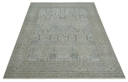Tree of life Antique Distressed Finished Gray and Silver Low Pile Multi Size wool Area Rug.