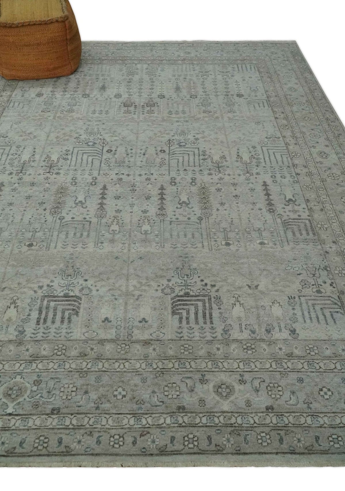 Tree of life Antique Distressed Finished Gray and Silver Low Pile Multi Size wool Area Rug.