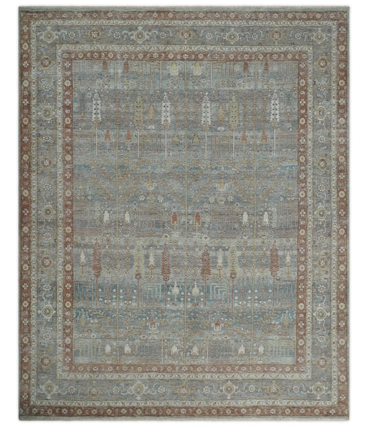 Tree of life Antique Distressed Finished Gray, Silver and Rust Low Pile Multi Size wool Area Rug.