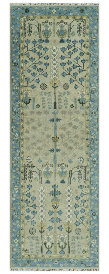 Tree of life Beige and Blue Traditional Hand Knotted Multi Size Wool Area Rug.