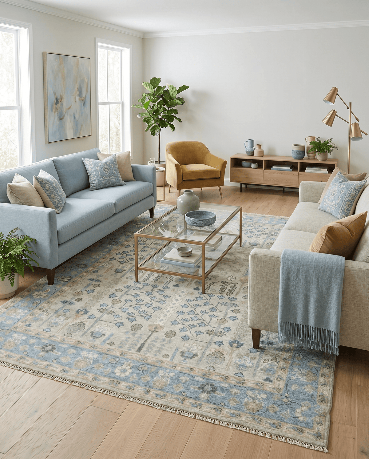 Tree of life Beige and Blue Traditional Hand Knotted Multi Size Wool Area Rug.