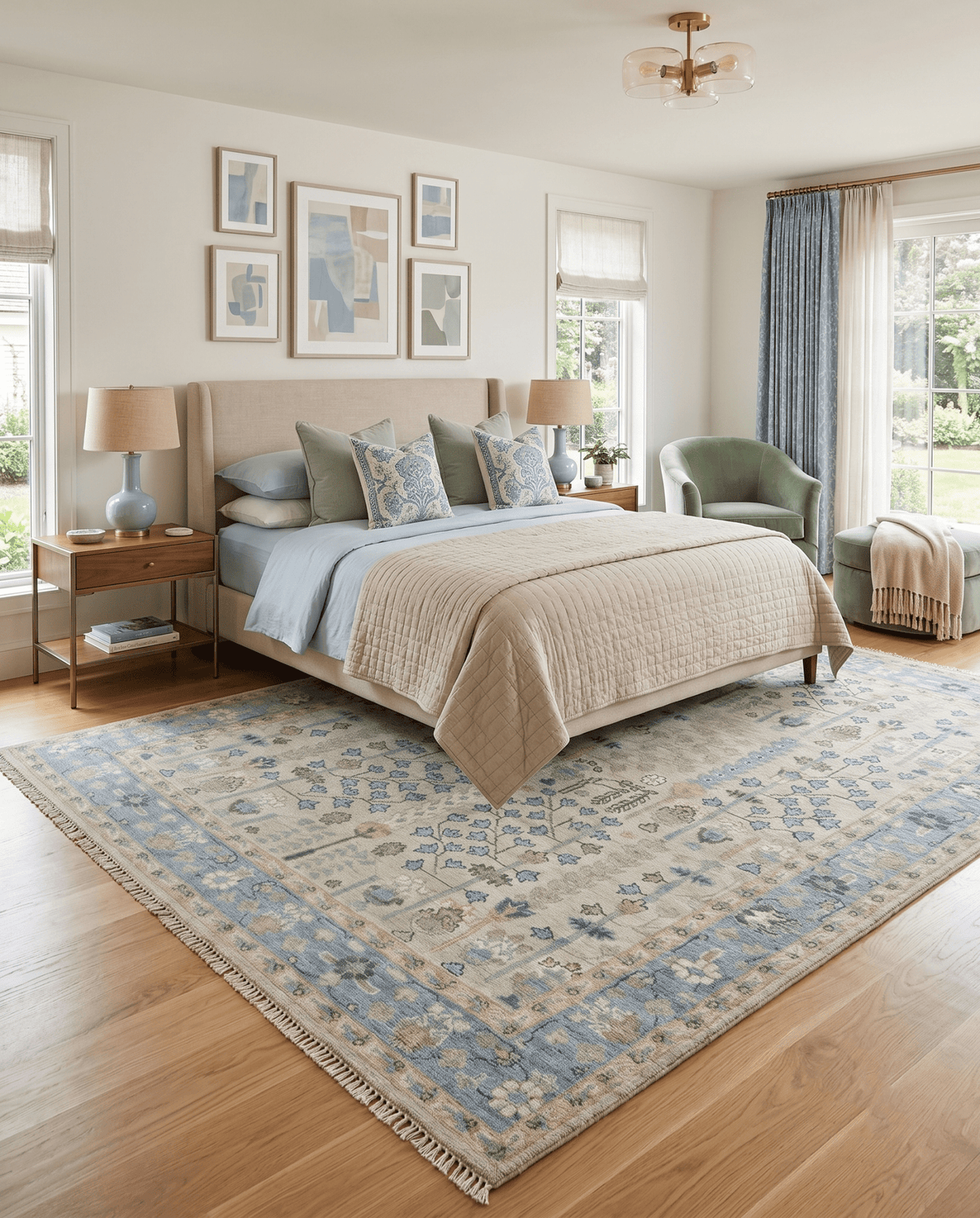 Tree of life Beige and Blue Traditional Hand Knotted Multi Size Wool Area Rug.
