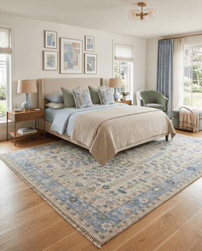 Tree of life Beige and Blue Traditional Hand Knotted Multi Size Wool Area Rug.