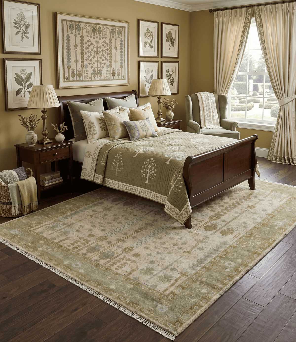 Tree of life Beige, Purple and Olive Hand Knotted Traditional Floral Custom Made wool rug.