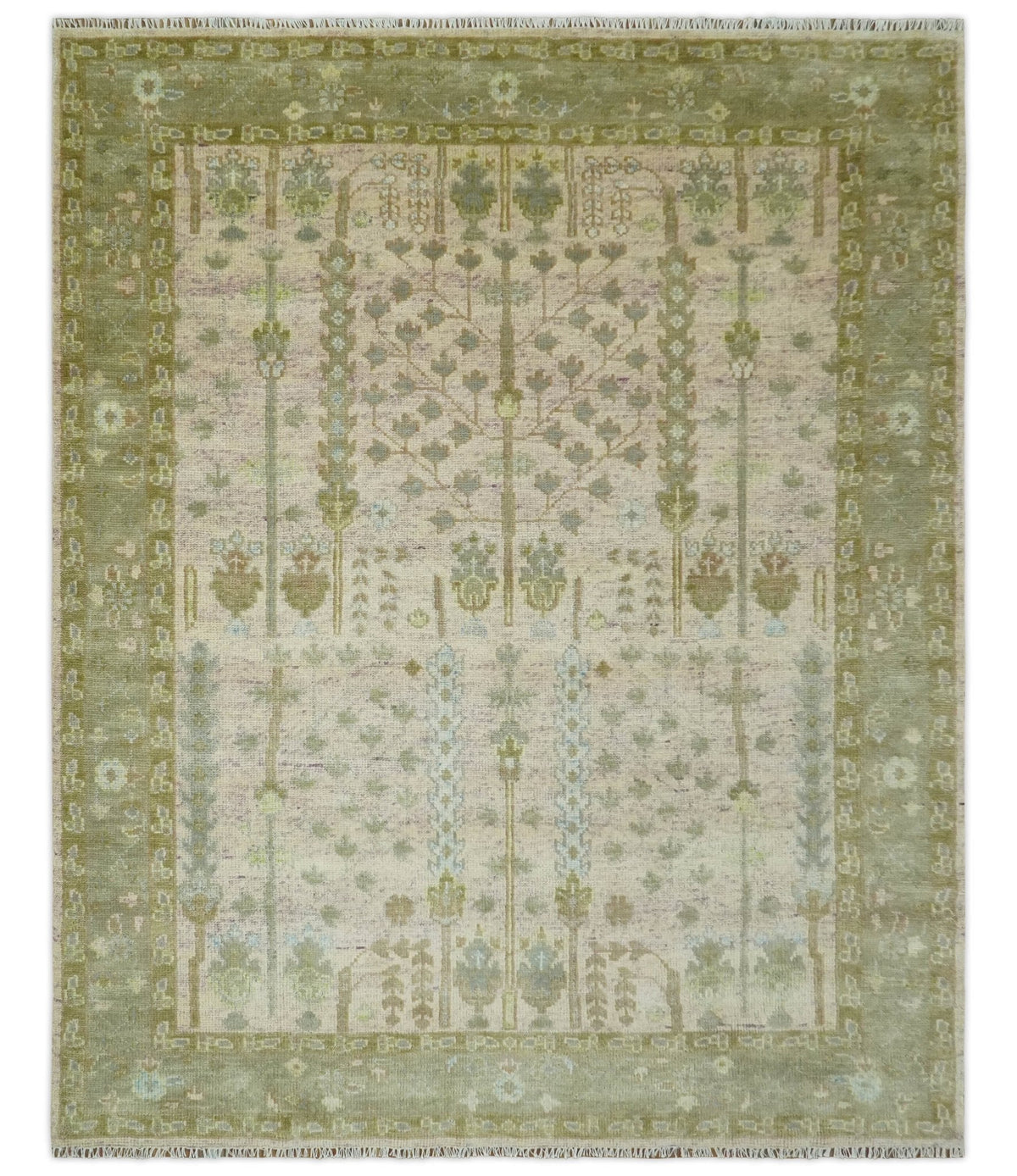 Tree of life Beige, Purple and Olive Hand Knotted Traditional Floral Custom Made wool rug.