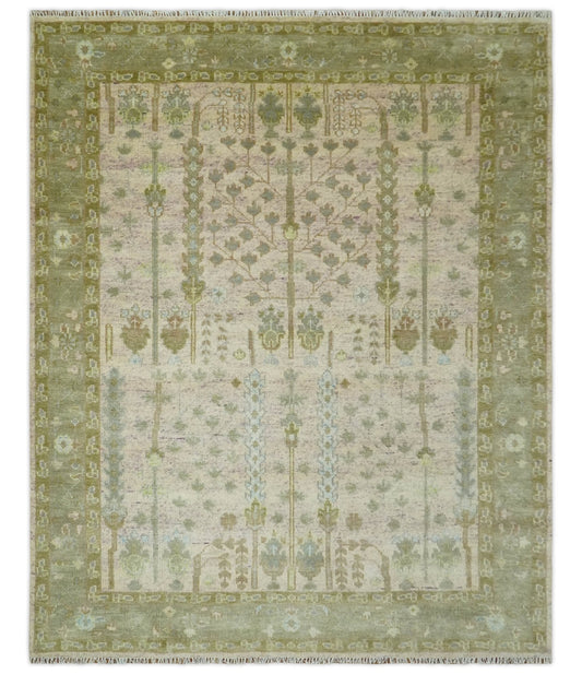 Tree of life Beige, Purple and Olive Hand Knotted Traditional Floral Custom Made wool rug.