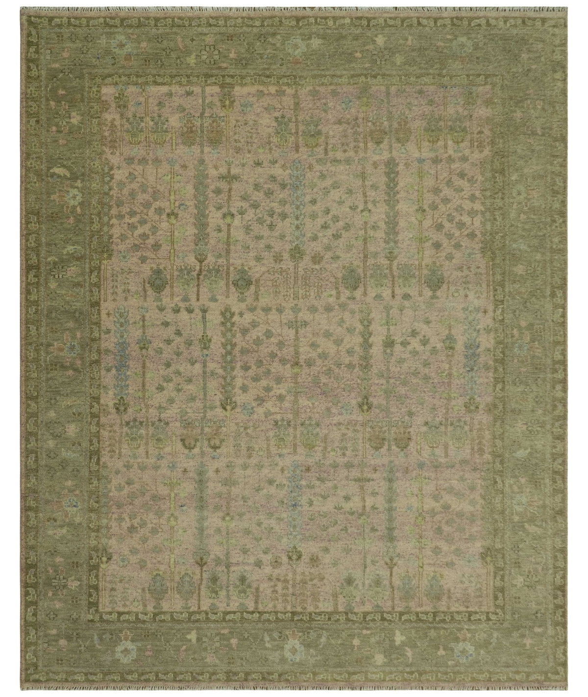 Tree of life Beige, Purple and Olive Hand Knotted Traditional Floral Custom Made wool rug.