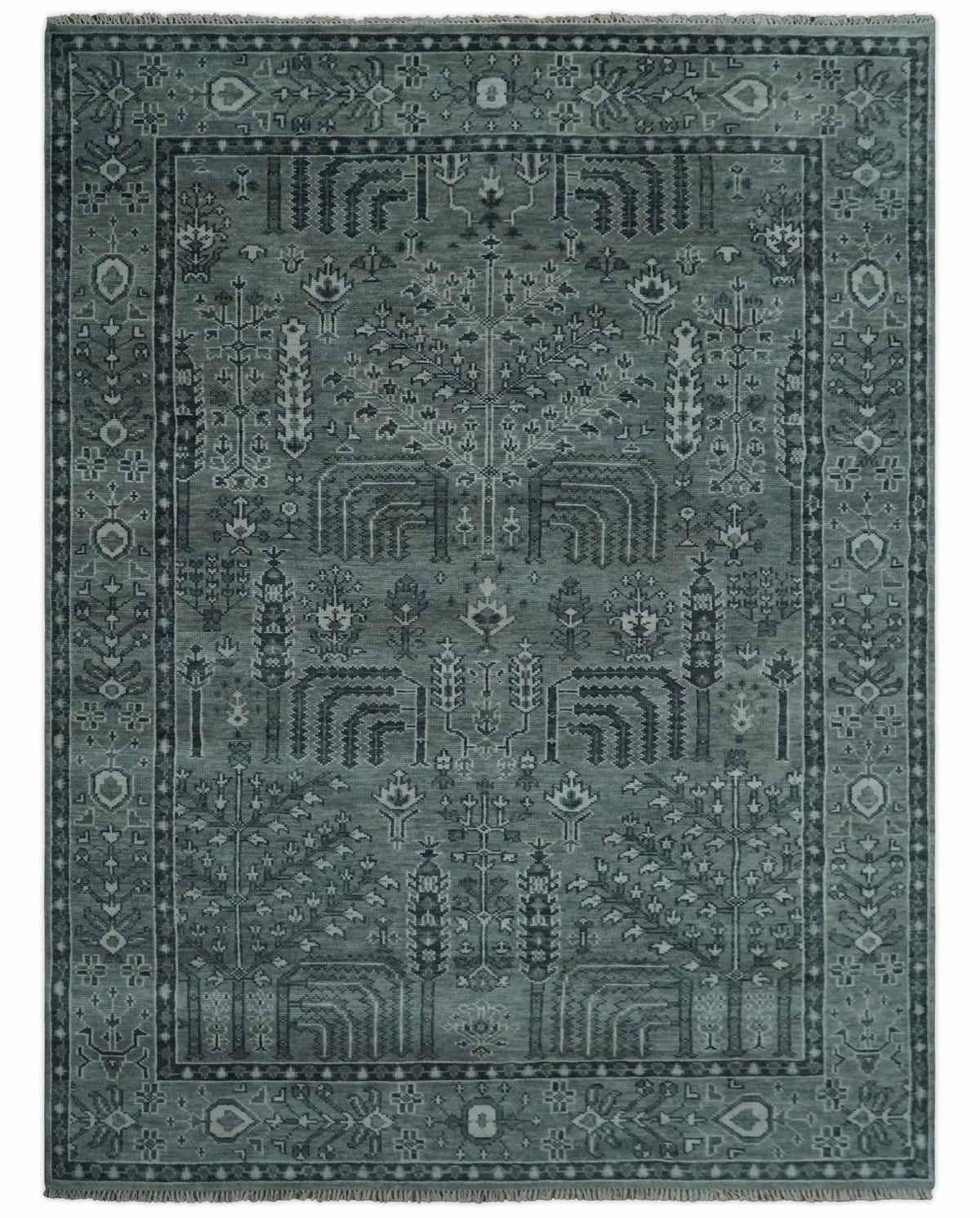 Tree of life Gray, Charcoal and Ivory Hand knotted Traditional Floral Multi Size wool Area Rug.