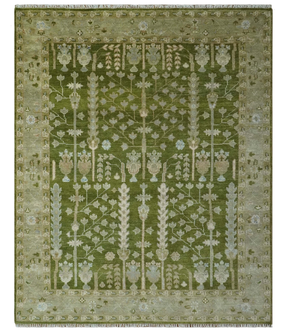 Tree of life Green and Silver Hand Knotted Traditional Custom Made wool rug.