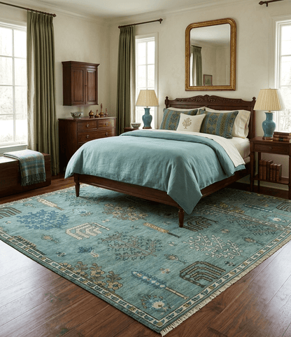 Tree of Life Green Traditional Hand Knotted Turkish Design Multi Size Wool Area Rug.