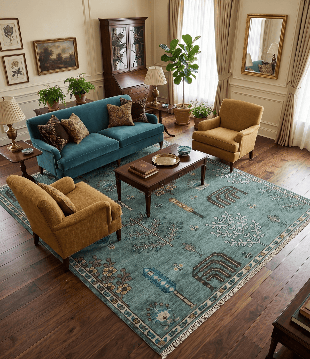 Tree of Life Green Traditional Hand Knotted Turkish Design Multi Size Wool Area Rug.