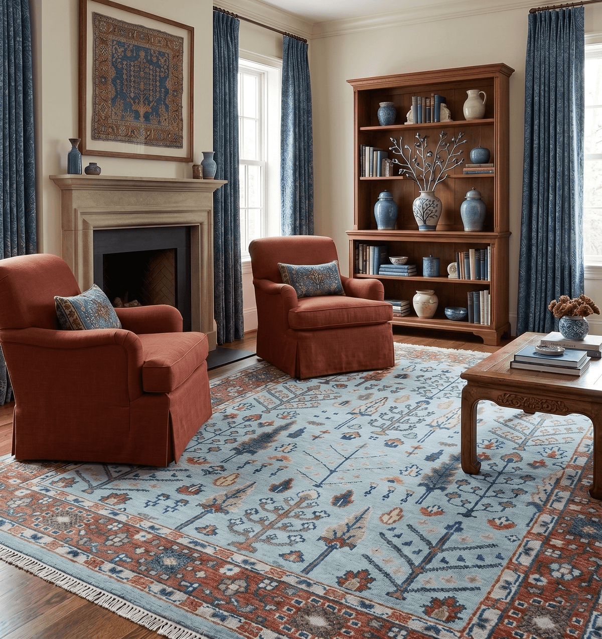 Tree of Life Hand Knotted Blue and Rust Oushak Custom Made Wool Rug.