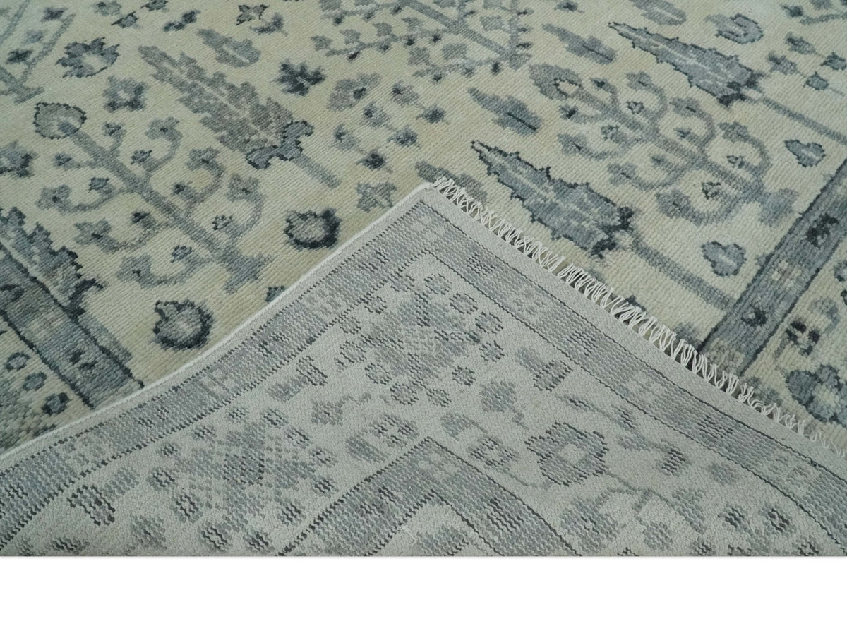 Tree of Life Hand Knotted Ivory and Charcoal Traditional Oushak Custom Made Wool Rug.